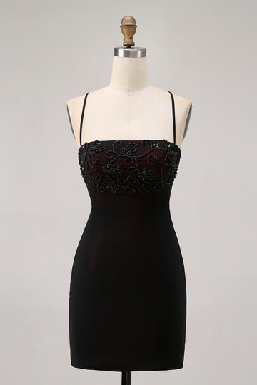 Black Bodycon Spaghetti Straps Short Homecoming Dress with Beading